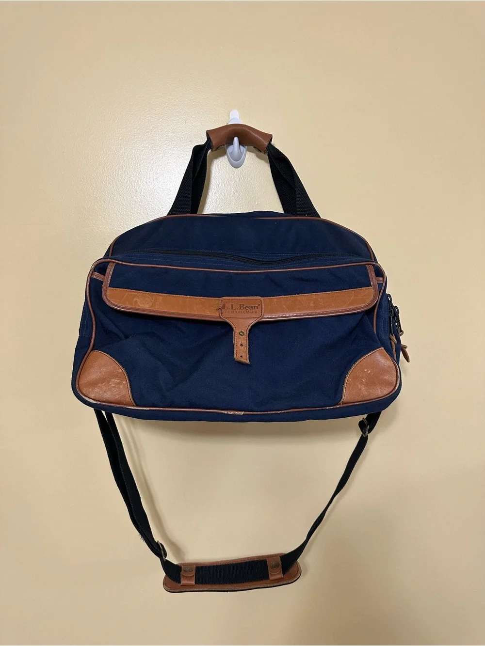 L.L. Bean VTG Large Deluxe Duffle Bag Canvas Leather Navy Blue